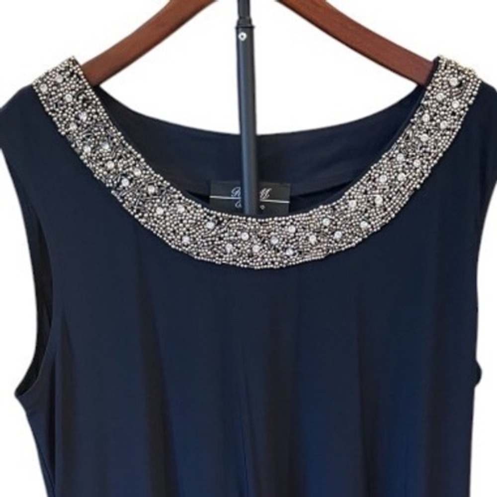 Classy R & M Collection Navy Blue Sleeveless Rhinestone Neckline Shift Dress 16 - Picture 3 of 5